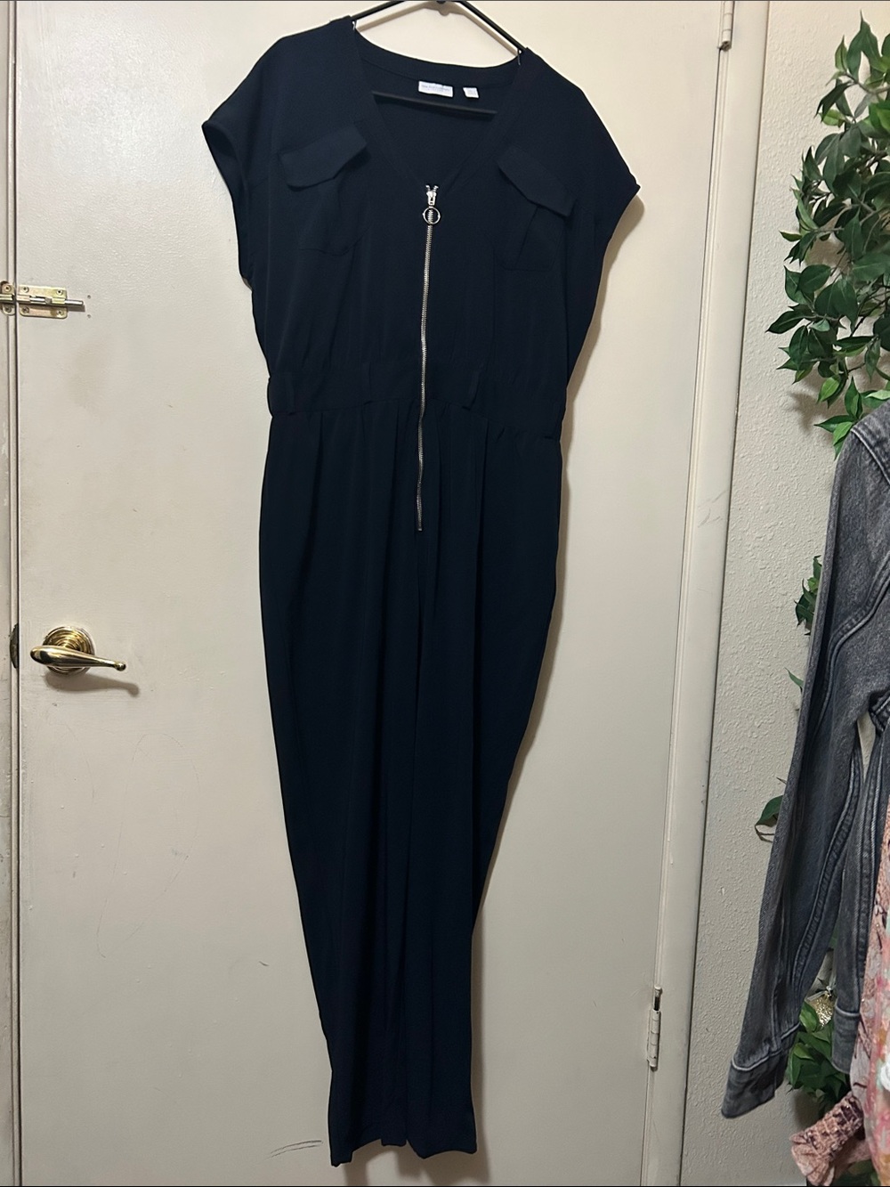 New York & Company Black Zip-Front Short Sleeve Jumpsuit